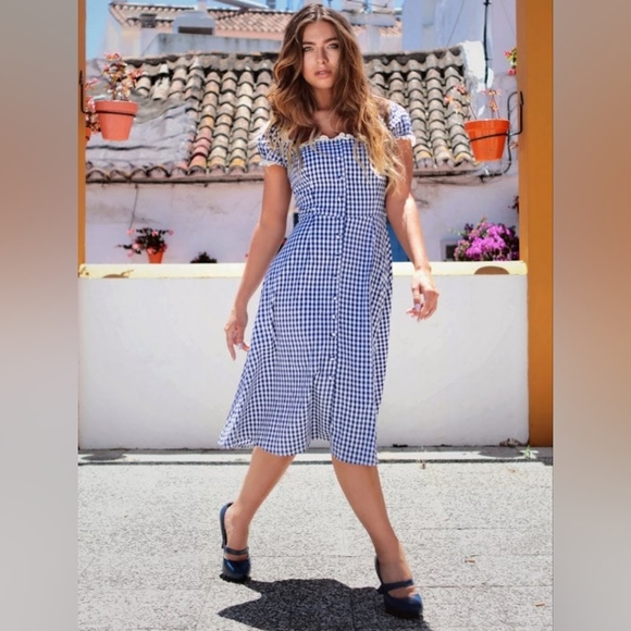 NWOT Blue & White Collectif Eyelet Trim Giulietta Mini Gingham Print Dress - Picture 2 of 14